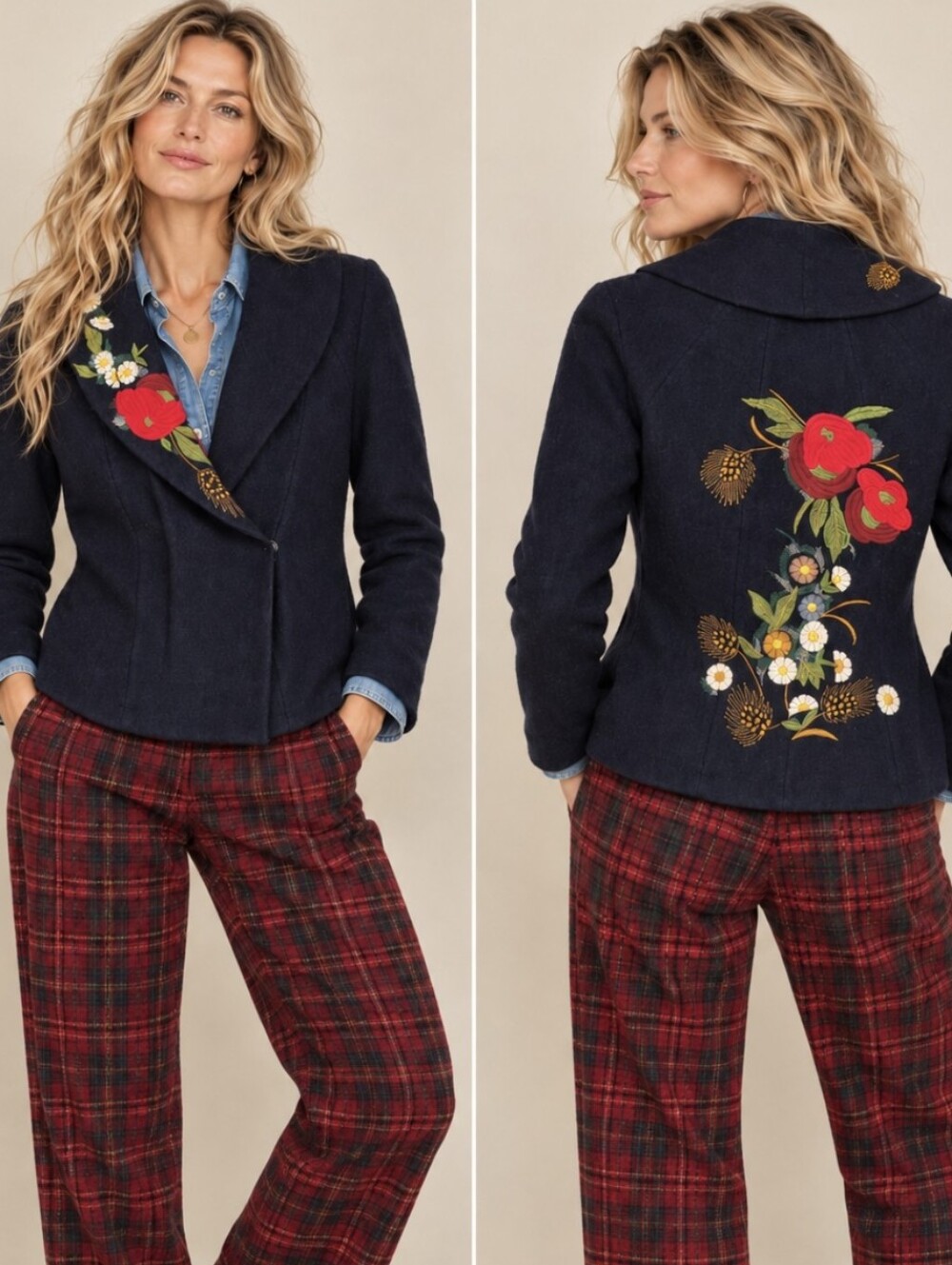 Anthropologie Embroidered Wool Jacket Navy Blue Floral Angel of the North Size S